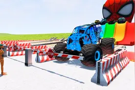 小男孩喜欢的卡通赛车玩具车和大鱼造型越野车在草地滑行比赛救援视频封面