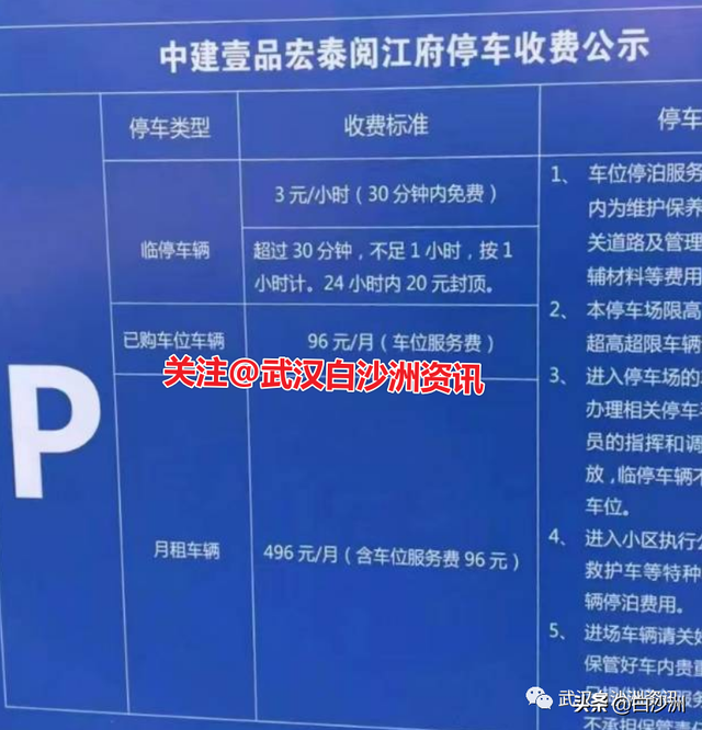 停车费公示！白沙洲中建壹品宏泰·阅江府