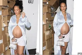 蕾哈娜孕期大秀又吸睛！丝绸衬衫当裙穿，系一粒扣露出9个月孕肚图片