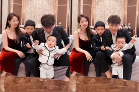 43岁朱桢罕见晒全家福！妻子穿丝绒吊带好性感，小儿子调皮坐不住图片