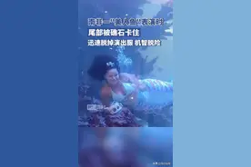 南非一“美人鱼”表演时尾部被礁石卡住，迅速脱掉演出服逃生图片
