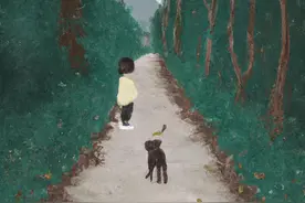 乡间小路上的小孩和小狗图片