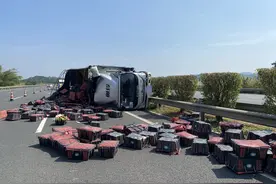 北海往南宁的高速公路上货车爆胎侧翻 一车芒果倾倒路面图片