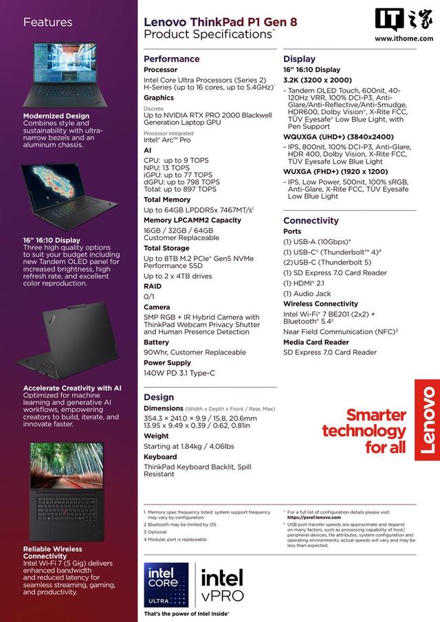 联想ThinkPad P1 Gen8笔记本发布：取消方口供电，新增雷电5接口
