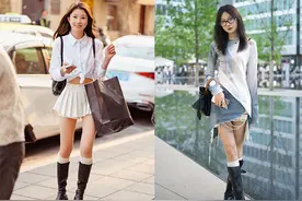 被杭州街拍惊艳了！满大街都是“短裙+长筒靴”，看着时髦显腿长图片