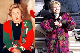 希拉里的奇装异服：麒麟臂萝卜腿，穿婚纱像侍女，把地毯披上身图片