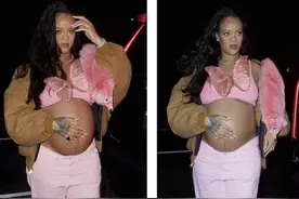 蕾哈娜抓住机会秀9个月孕肚！穿粉色胸衣露肚皮，狐狸皮草太个性图片