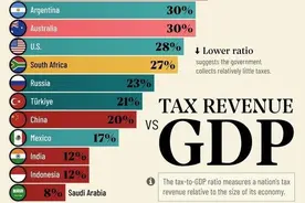 日本税收收入占GDP的33%，美国为28%，印度12%，中国呢图片