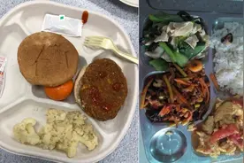 中美学生午餐对比：美国汉堡又小，花菜又黑，中国上了3个硬菜图片