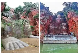 罕见！乐山大佛露出底座图片