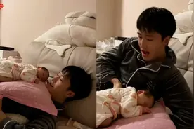 宝宝肠胀气趴爸爸肚子上才睡，宝爸为了脱身，一番操作笑喷网友图片