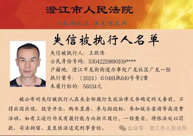 澄江市人民法院关于公布第十六期失信被执行人名单的公告