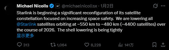 中方研究:中美卫星险相撞,迫使星链约4400颗卫星大规模降轨