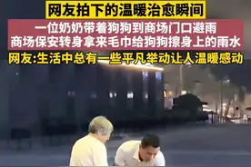 网友拍下的温暖一幕！奶奶带着狗狗到商场门口避雨，商场保安拿来毛巾给狗狗擦身上的雨水，网友:生活中总有一些举动温暖人心图片