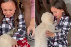 美国7岁小女孩拆开礼物盒发现是小狗 激动到掩面哭泣图片