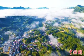 航拍安徽岳西：云雾蒸腾 城在“绿”中现图片