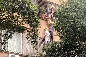 广西两岁男童被卡在防盗网外，3名工人路过，徒手爬上4楼救人图片