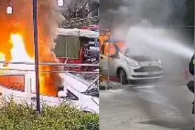 老年代步车漏油爆燃 保安大叔秒变“消防员”灭火图片