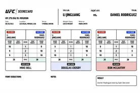 来看一下李景亮的裁判打分卡：3名裁判分歧巨大图片