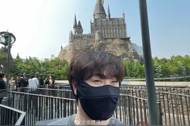 金博洋晒环球影城游玩照 灰色T恤搭配一头卷发时尚酷帅图片