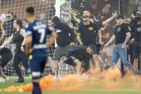 澳大利亚足球联赛发生严重球迷骚乱：守门员在球场内遭袭受伤图片