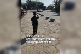 男孩向军车车队敬礼官兵鸣笛回礼图片