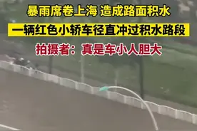 暴雨席卷上海，造成路面积水，一辆红色小轿车径直冲过积水路段。拍摄者：真是车小人胆大图片