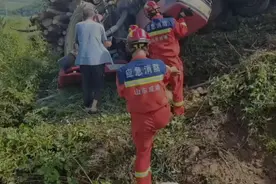 果然视频|满载木材的拖拉机失控翻进沟，消防员帮车手脱困图片