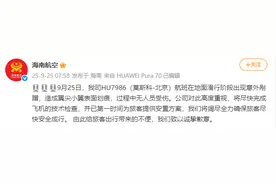 海南航空：HU7986（莫斯科-北京）航班滑行阶段出现意外剐蹭，造成翼尖小翼表面划痕，无人员受伤图片