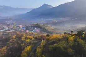 村庄在雾中若隐若现，河北遵化初冬山乡景如画图片
