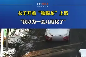 11月8日山东淄博，大雪过后，女子在挡风玻璃的积雪上挖了个洞，驾驶“独眼龙”车就上路了……