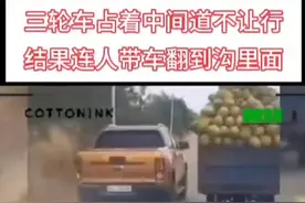 三轮车独占马路中间挡道不让路，结果连人带车翻到沟里面#交通事故#路怒症#行车记录仪视频封面