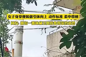 女子身穿便装做引体向上，动作标准，柔中带刚。网友: 颇有一番林黛玉倒拔鲁智深的意思（来源:@ZZL ）