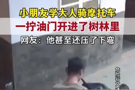 小朋友学大人骑摩托车，一拧油门开进了树林里，网友:他甚至还压了下弯（杉）