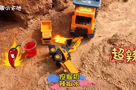 挖掘机喝辣椒水，翻斗车教育挖掘机不能抢东西，儿童挖掘机新玩法视频封面