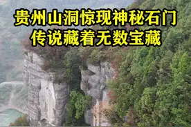 在贵州深山崖壁上发现神秘山洞，山洞内一扇巨大的石门矗立其中，传说这扇石门背后隐藏着无数宝藏，由于无法找到开启石门的机关，至今无人能够打开。#神秘 #山洞到底藏着什么 #旅行推荐官 #探秘