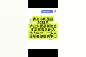青岛市即墨区2025年转业安置最新消息，比去年少三十多人 青岛市即墨区2025年转业安置最新消息📢📢 本周三报名共64人，比去年少三十多人😯可能分高的去青岛市区的不少，据了解异地安置即墨的不少📢👍😄#让军人成为全社会尊崇的职业 #致所有当过兵的战友 #转业安置#退役军人#退伍不褪色传递正能量 视频封面