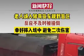 老人误入转弯货车视野盲区，反应不及时被撞倒，幸好摔入坑中，避免二次伤害图片